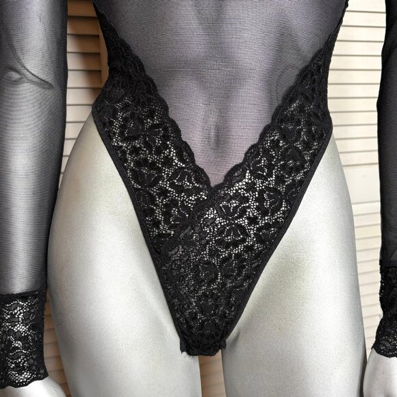 Vtg 90s Shirley of Hollywood Black Sheer Mesh Lace Teddy Bodysuit Long Sleeve S - Picture 4 of 8